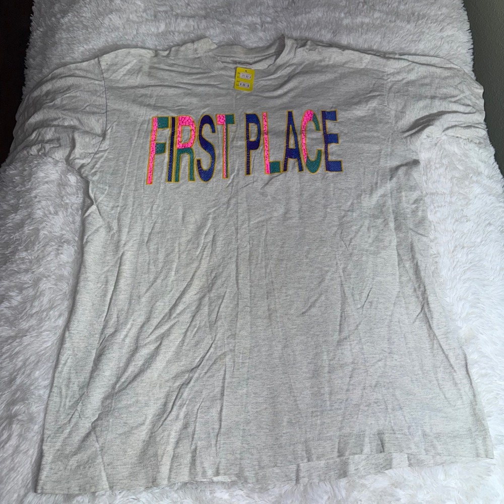 Fruit of the Loom T-Shirt Mens XL Grey Fair Vintage 90s First Place‎ Puff Print